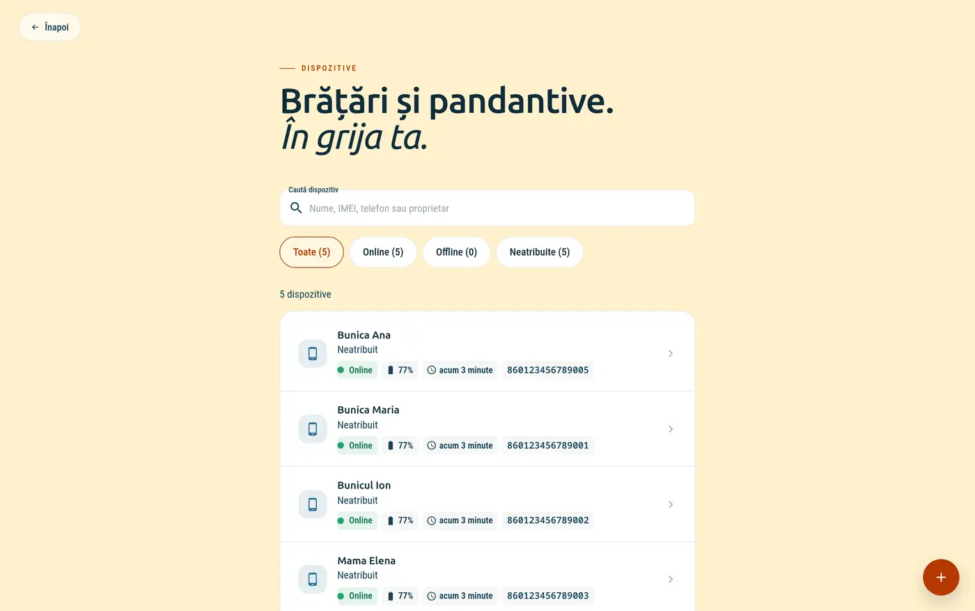 TeleSenior: lista de brățări, cu stare, baterie și IMEI